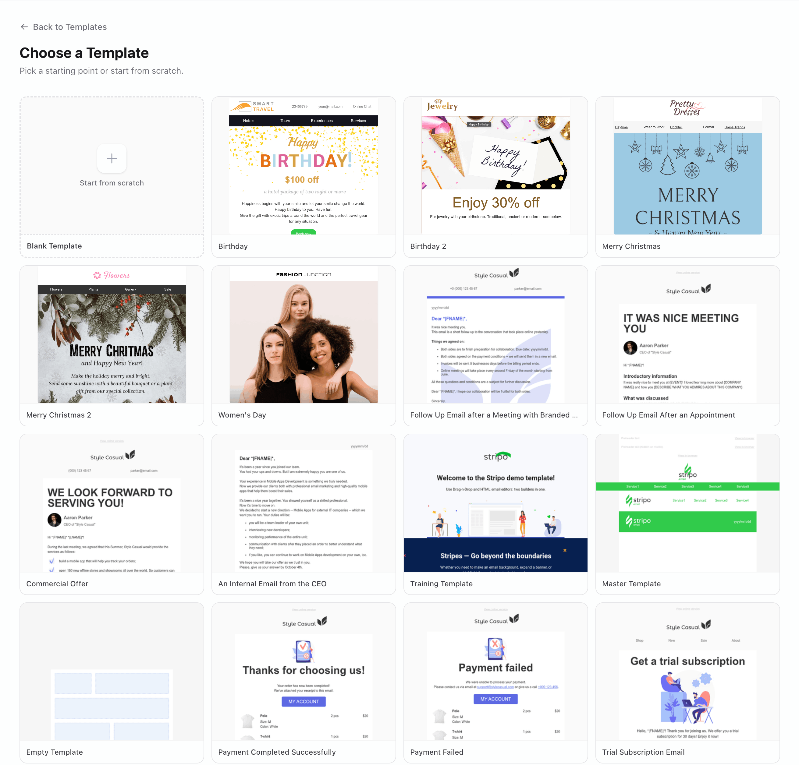 Email template gallery for bakery marketing campaigns with holiday and promotional designs