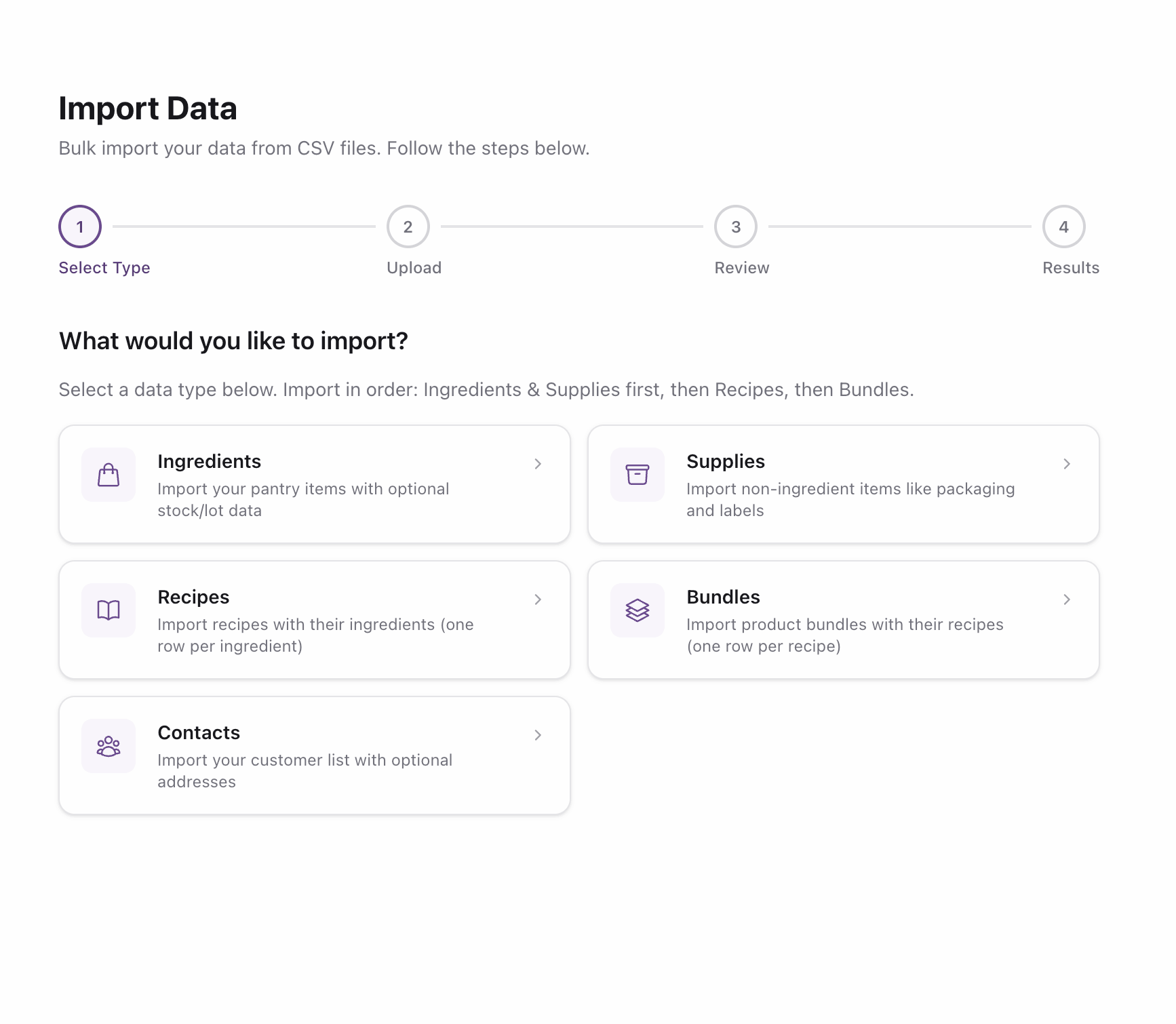 BakeSteady data import wizard with options for ingredients, supplies, recipes, bundles, and contacts