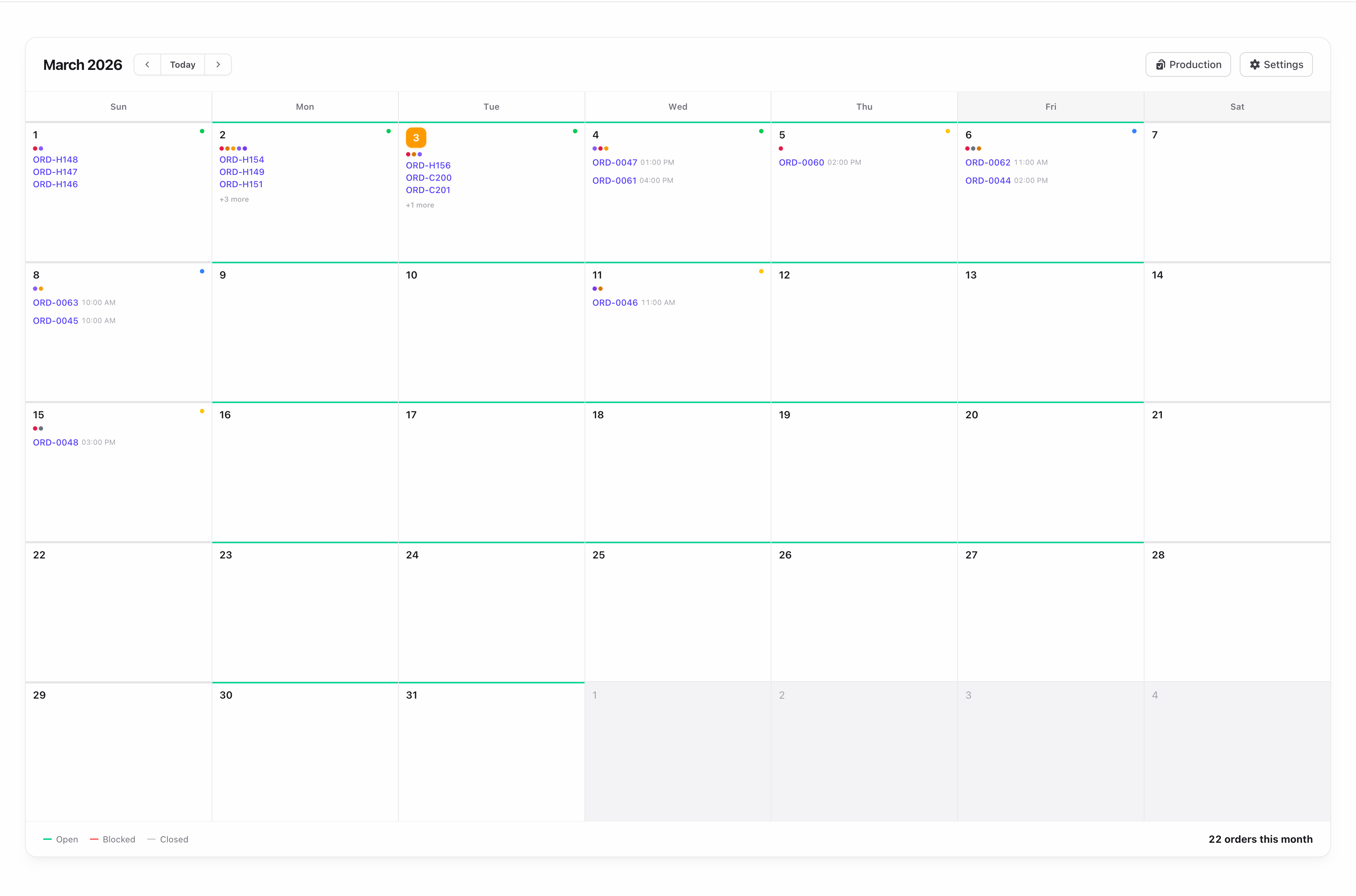 Bakery production calendar showing 22 orders in March with color-coded open, blocked, and closed dates