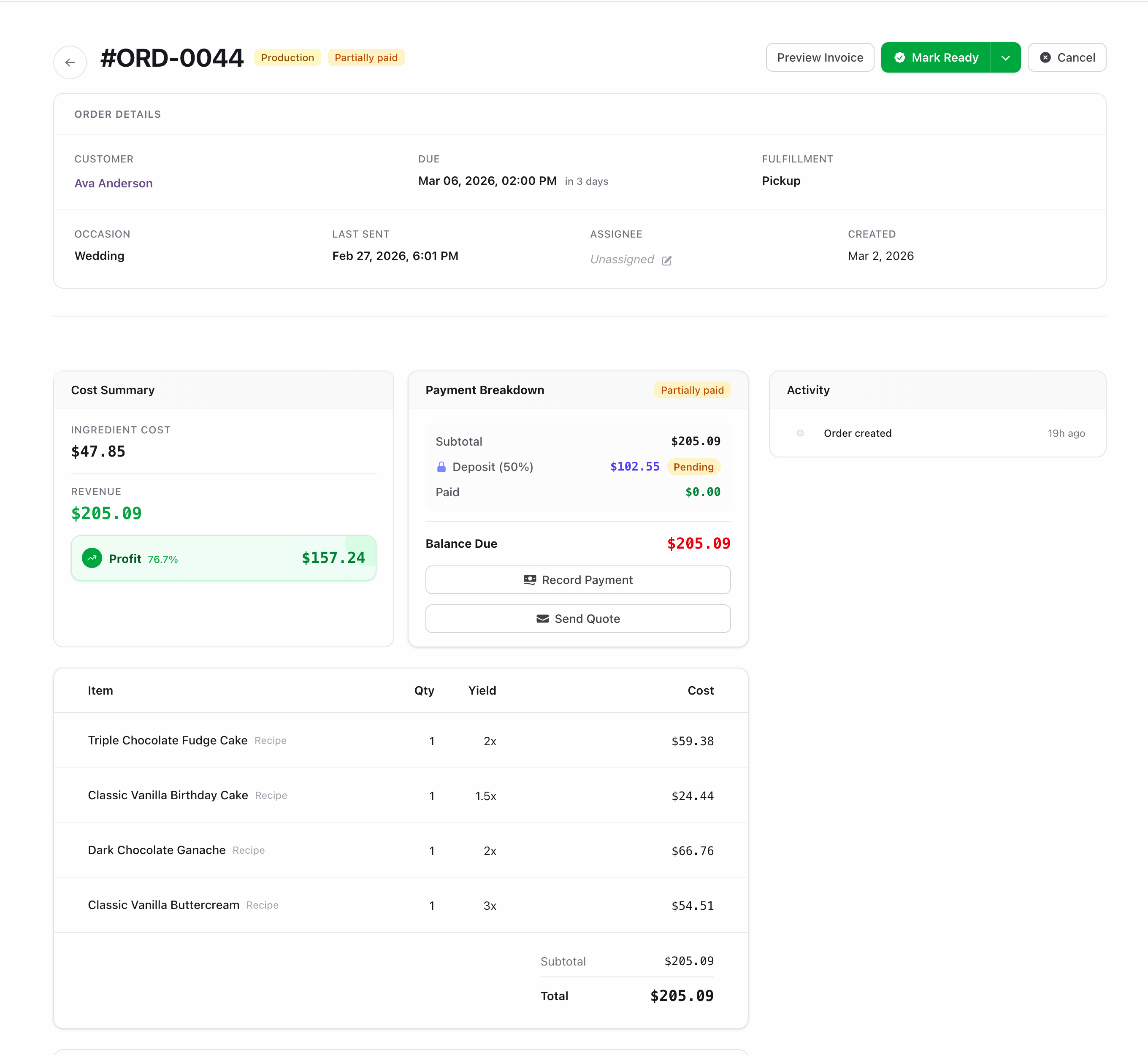 Bakery order detail showing ingredient cost breakdown, 76% profit margin, payment status, and recipe line items