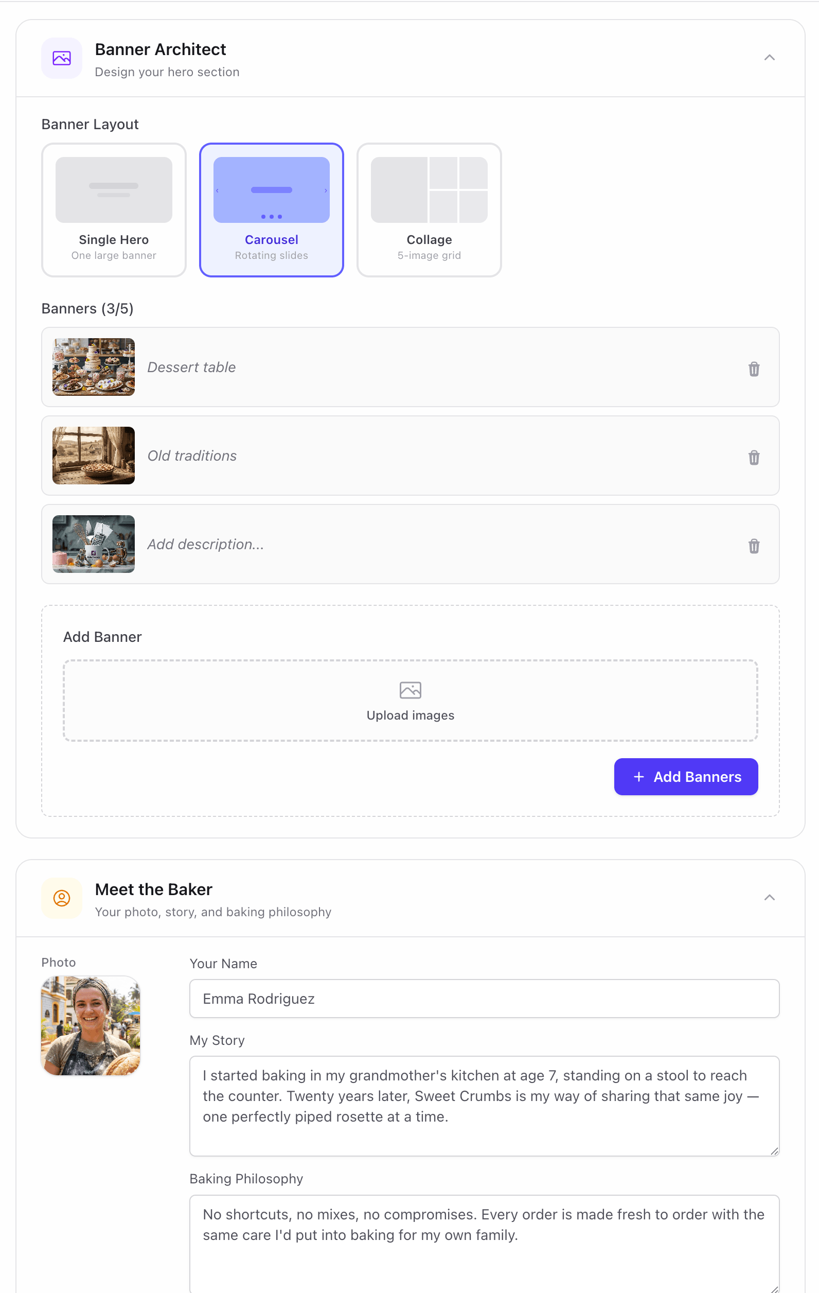 Bakery storefront customization with banner layout picker, photo carousel, and Meet the Baker section